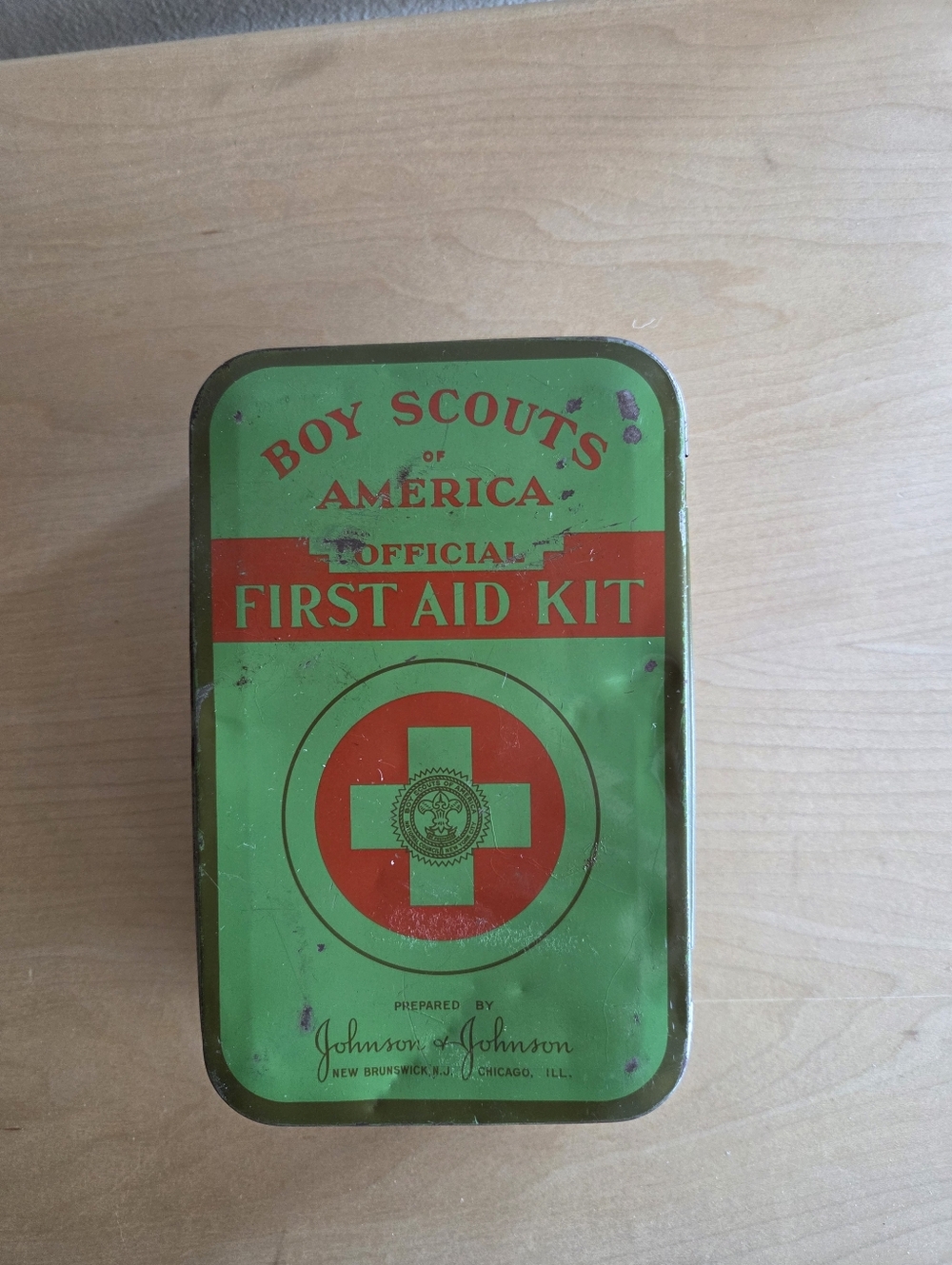 Vintage 1950 Boy Scouts of America Official First Aid Kit - Green & Red Tin